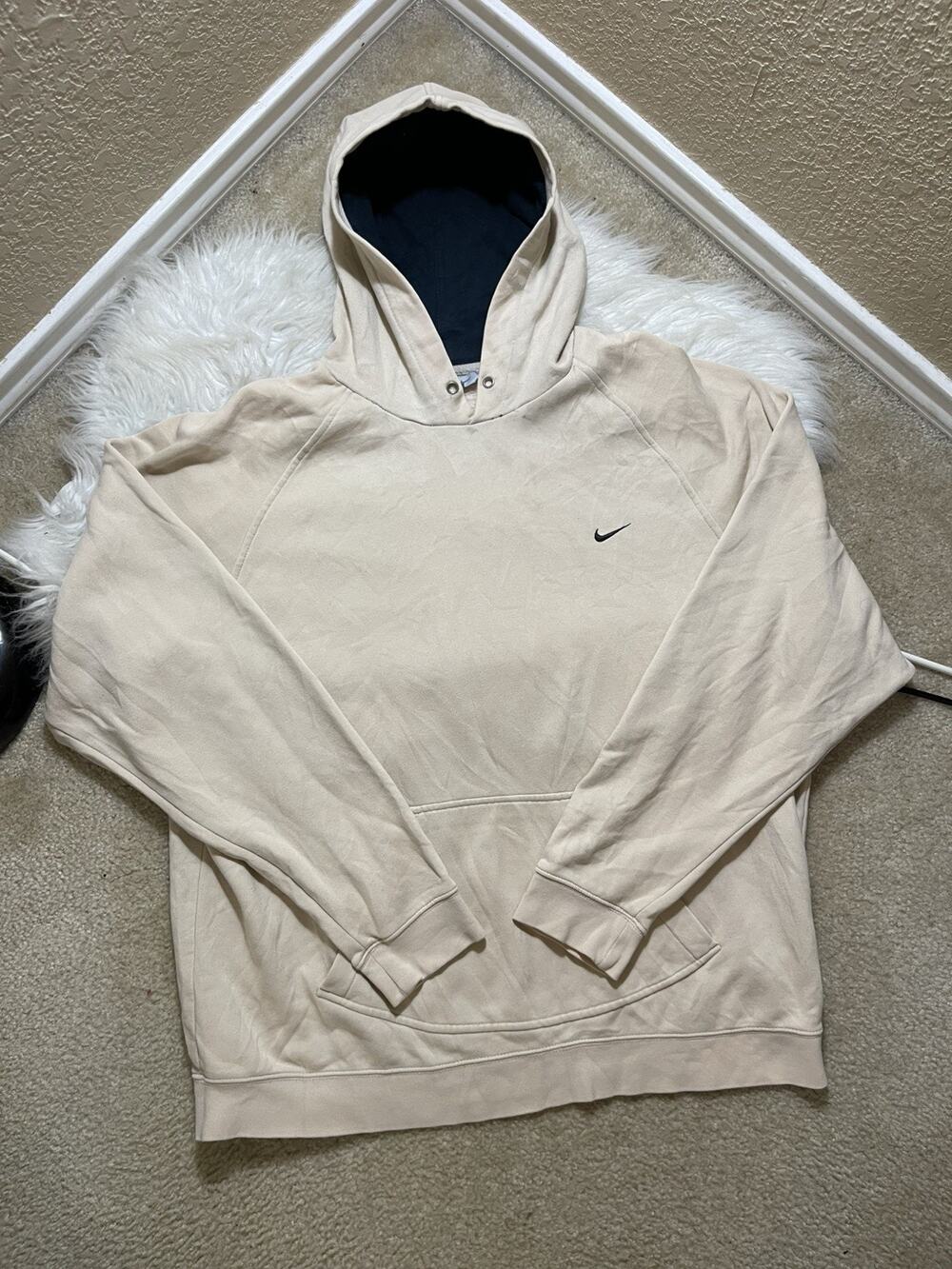 VTG 90s Nike Cream Hoodie XL Silver Tab Mini Swoosh Fleece Pullover Sweater